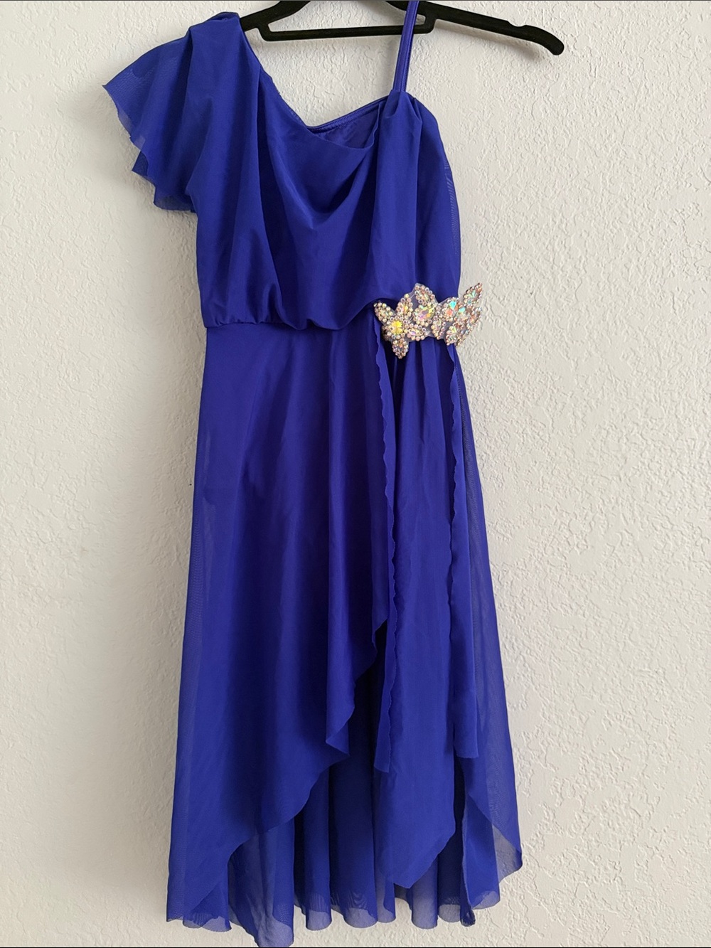 Weissman Royal Blue One-Shoulder Chiffon Dress with Beaded Waist